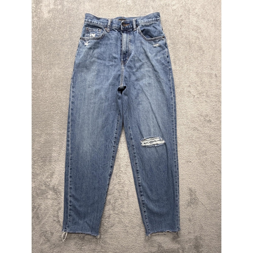 Uniqlo Mom Jeans Womens 26 Blue Medium Wash High Rise Distressed Raw Hem